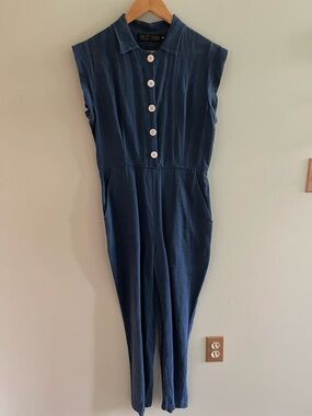 Christy Dawn Blue Linen Phoebe Jumpsuit Pockets Size M